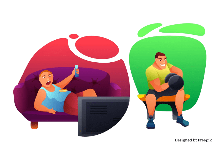 Comparison between an inactive person watching TV and an active person exercising, highlighting lifestyle choices.