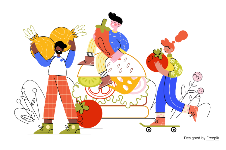  A person holding pizzas contrasted with a group holding fresh vegetables, depicting healthy and unhealthy lifestyle choices.