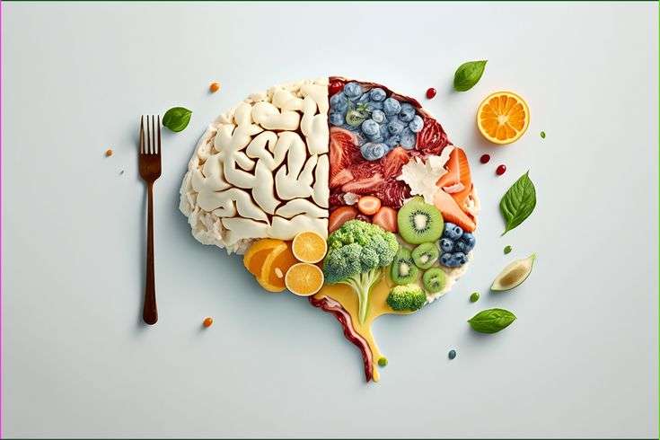 Brain illustration made of healthy foods like vegetables, fruits, nuts, and berries, symbolizing the importance of nutrition for brain health.