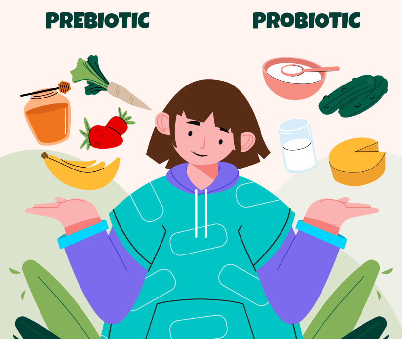 Illustration showing probiotic and prebiotic foods for gut health.