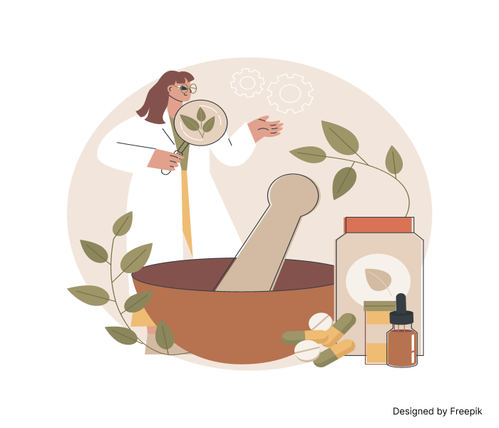 Illustration of an Ayurveda practitioner preparing herbal medicines with natural ingredients, surrounded by leaves and bottles.