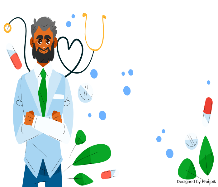 Illustration of an allopathic doctor in a lab coat holding a medical file, surrounded by pills, stethoscope, and healthcare icons.