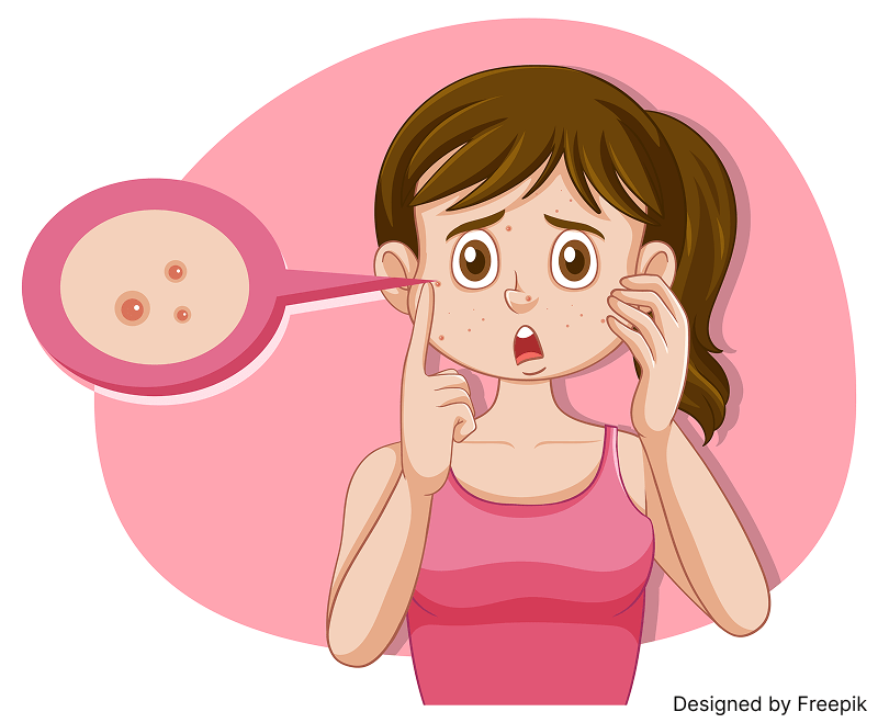 Girl examining her face with a magnifying glass, looking for natural remedies for oily skin.