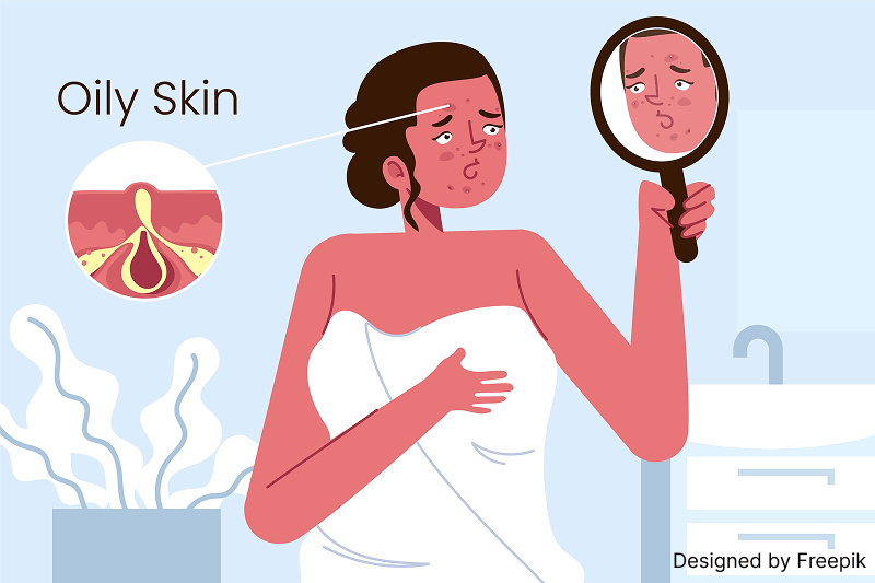  Woman looking at her oily face in the mirror, exploring natural remedies for oily skin.